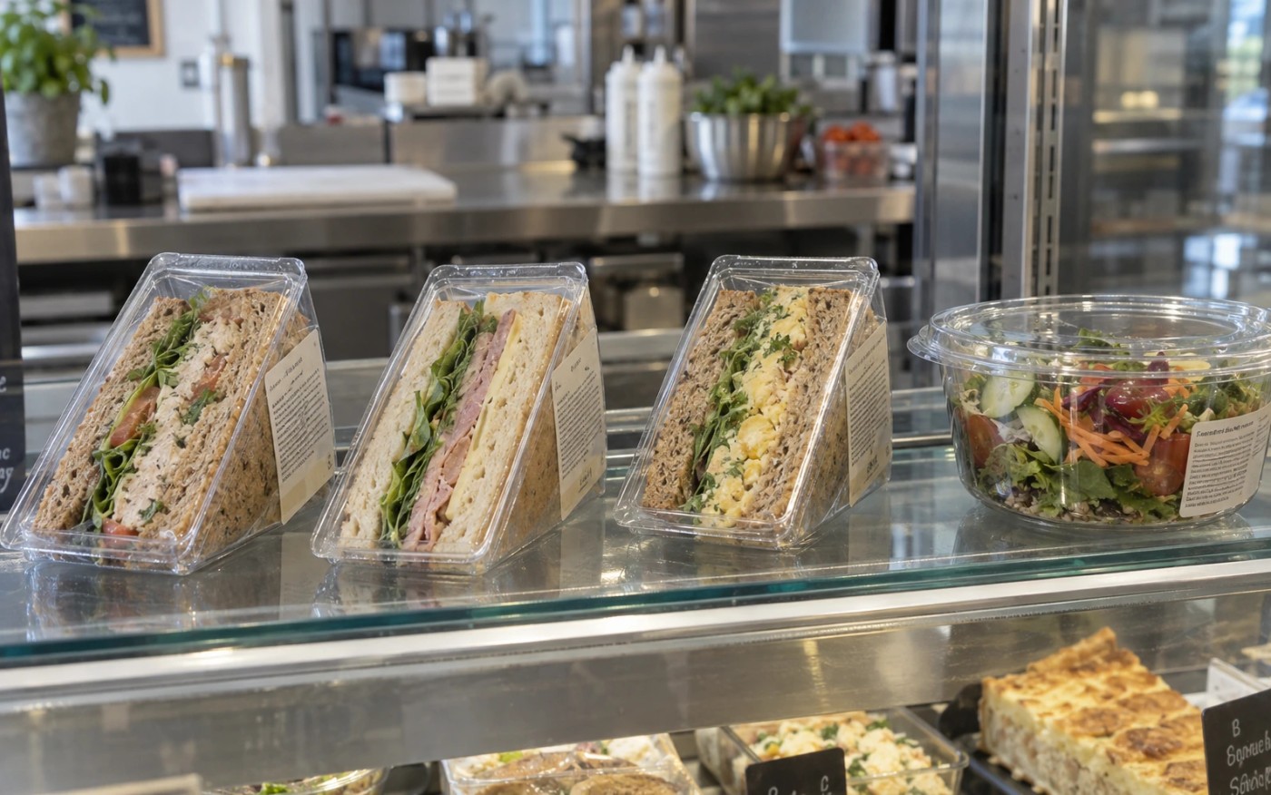 Freshly packed sandwiches in clear containers on a delicatessen counter