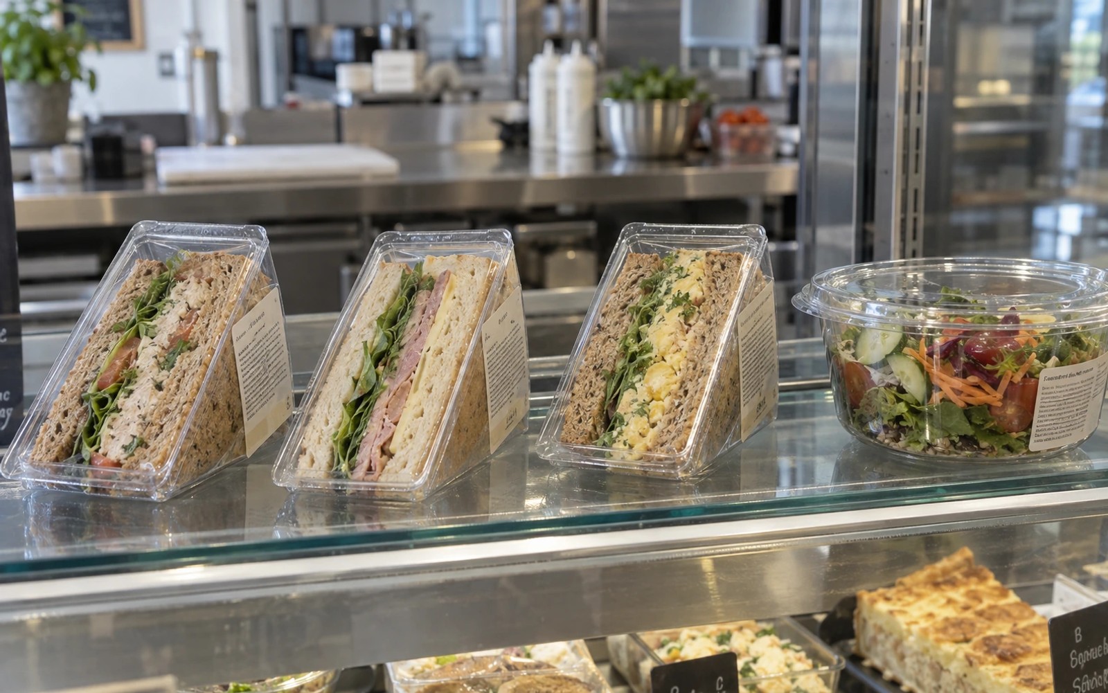 Freshly packed sandwiches in clear containers on a delicatessen counter
