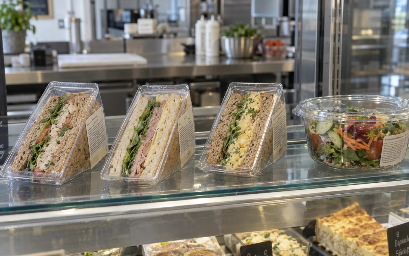 Freshly packed sandwiches in clear containers on a delicatessen counter