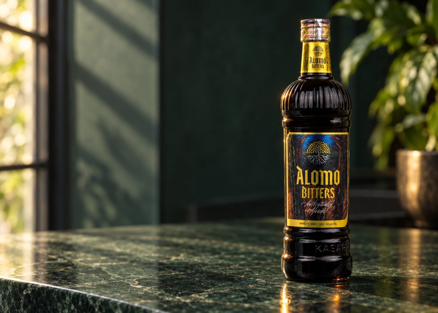 Alomo Bitters in a sunlit green-stone bar setting