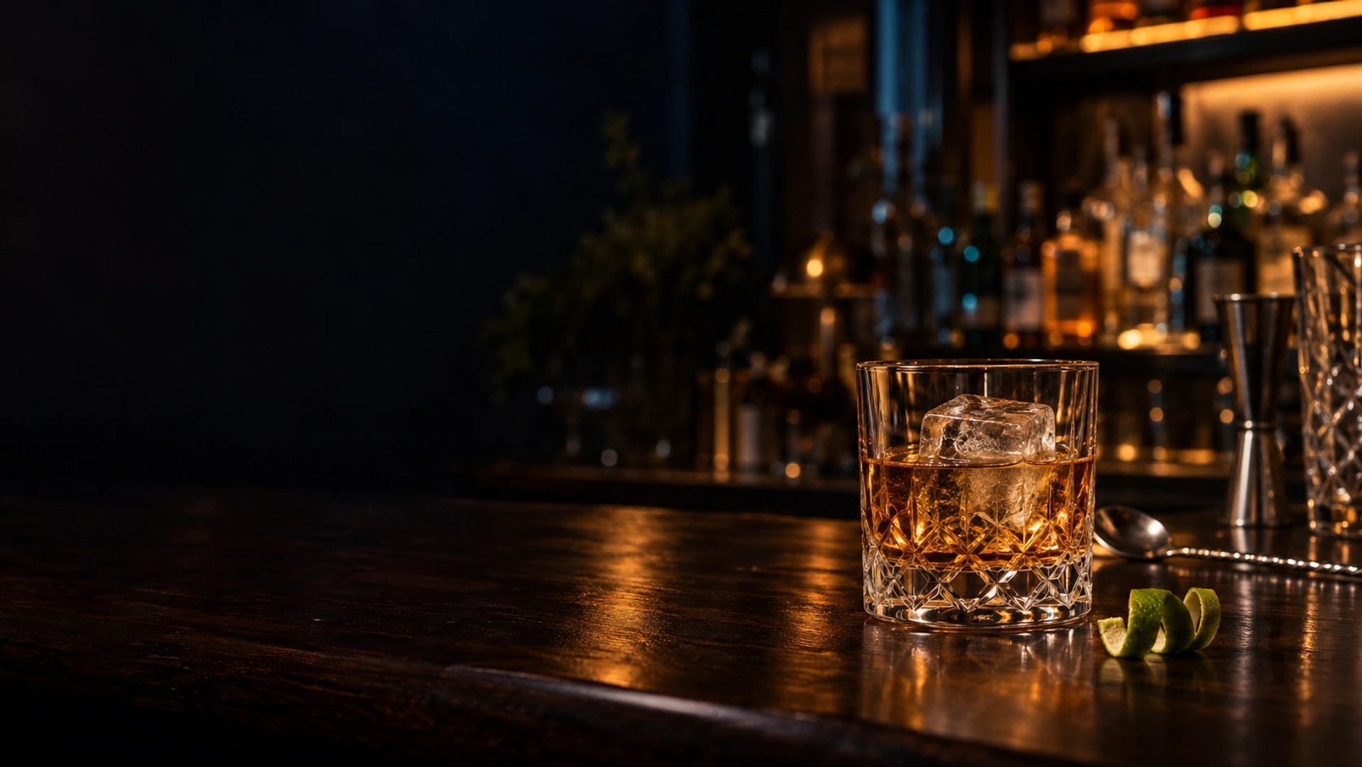 Amber glassware and warm light at a cocktail bar