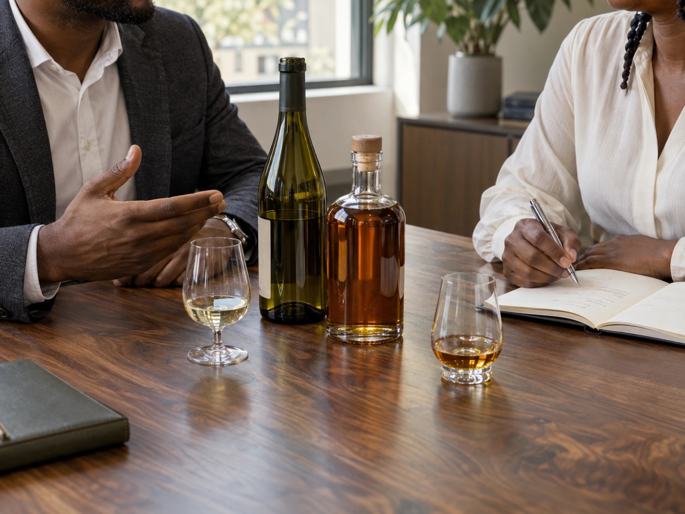 A discussion around a table with beverage samples and a notebook