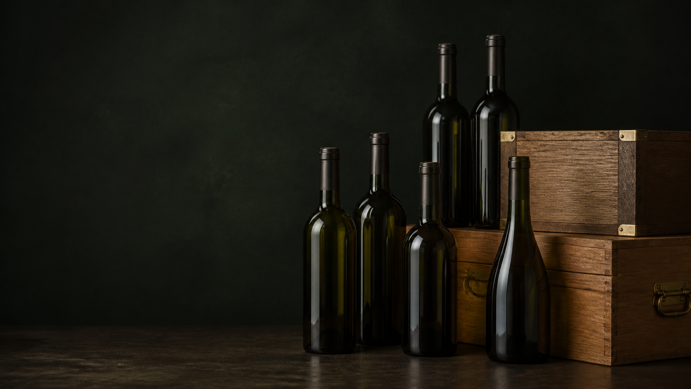 Wine bottles displayed beside wooden cases