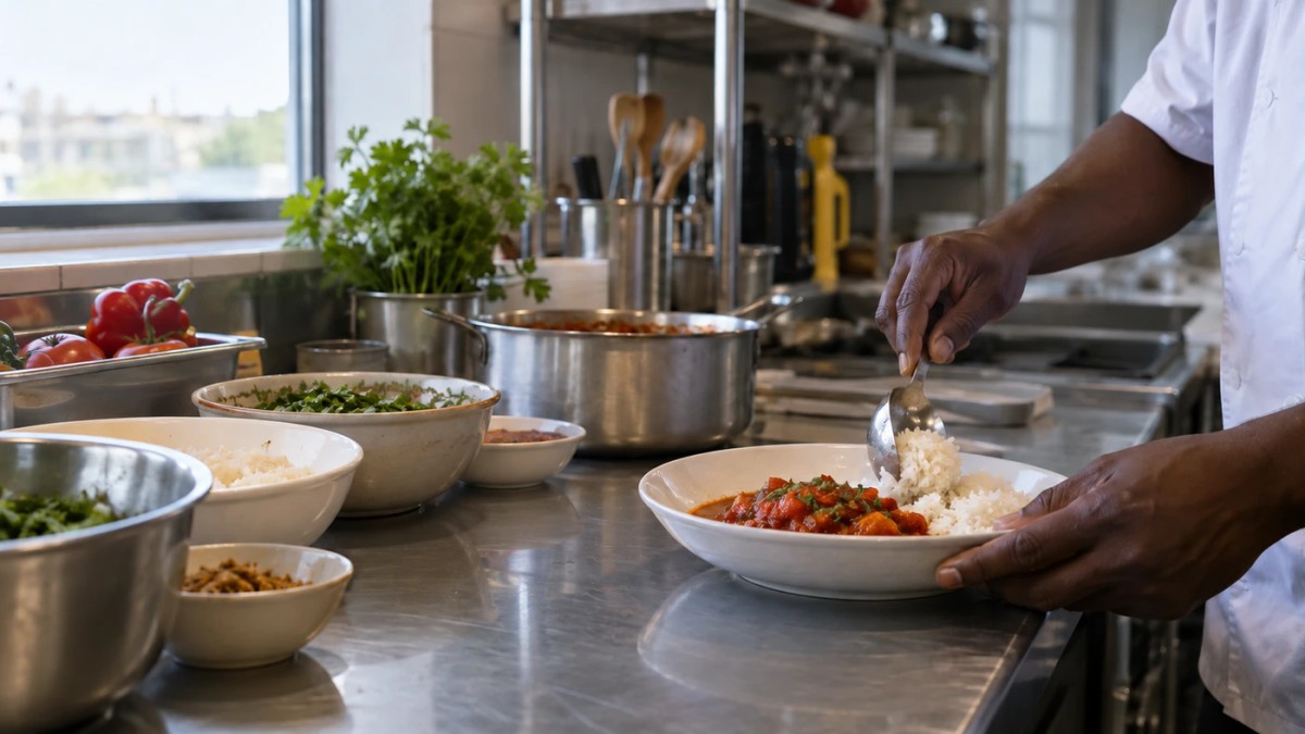 Illustrative chef preparing a dish in a commercial kitchen