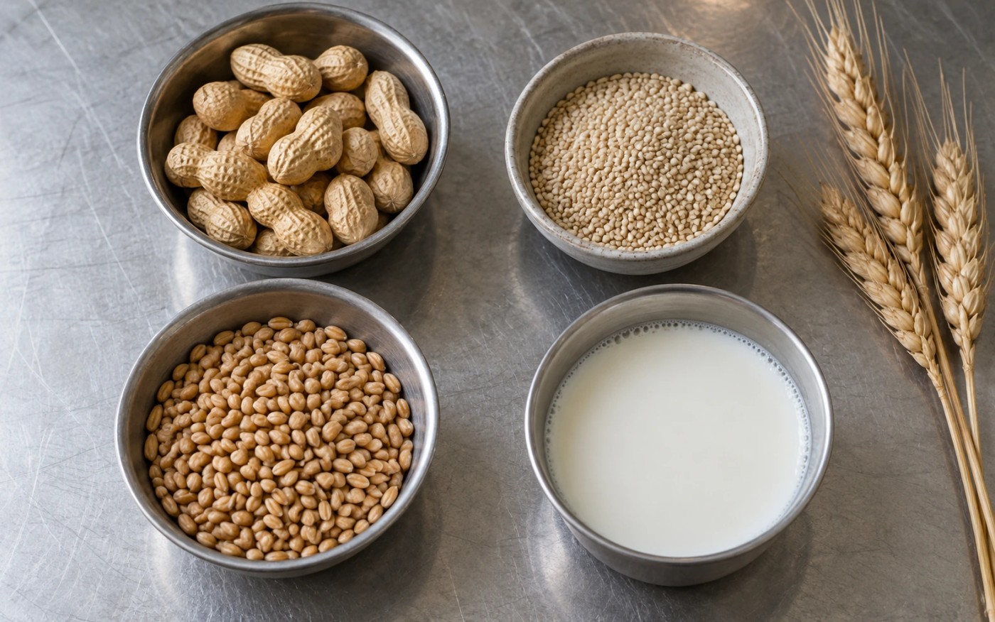 Separate bowls of peanuts, sesame seeds, wheat and milk on a food preparation table