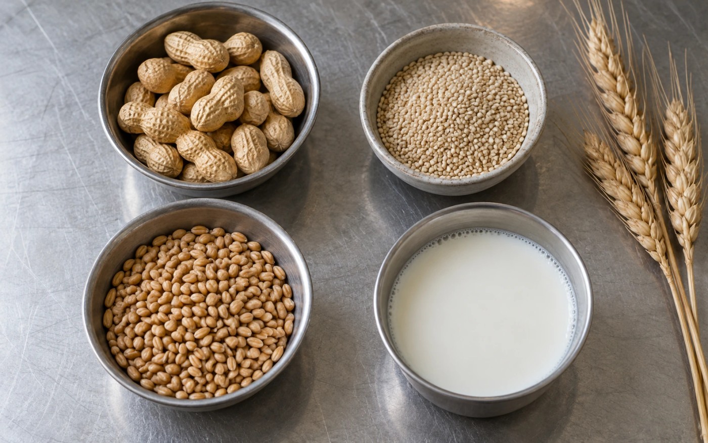 Separate bowls of peanuts, sesame seeds, wheat and milk on a food preparation table