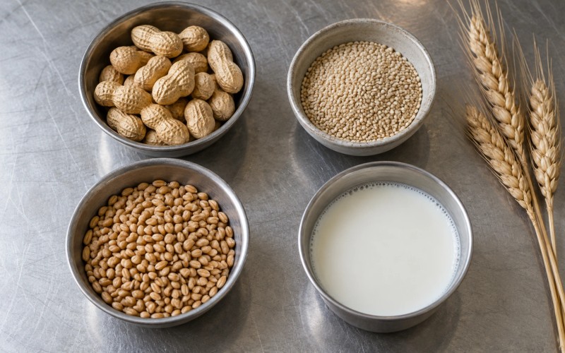 Separate bowls of peanuts, sesame seeds, wheat and milk on a food preparation table