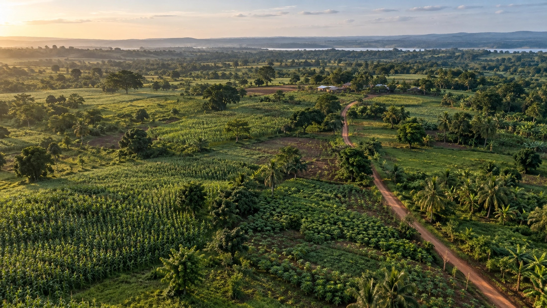 An aerial view of cultivated fields and a winding earth road in an African landscape