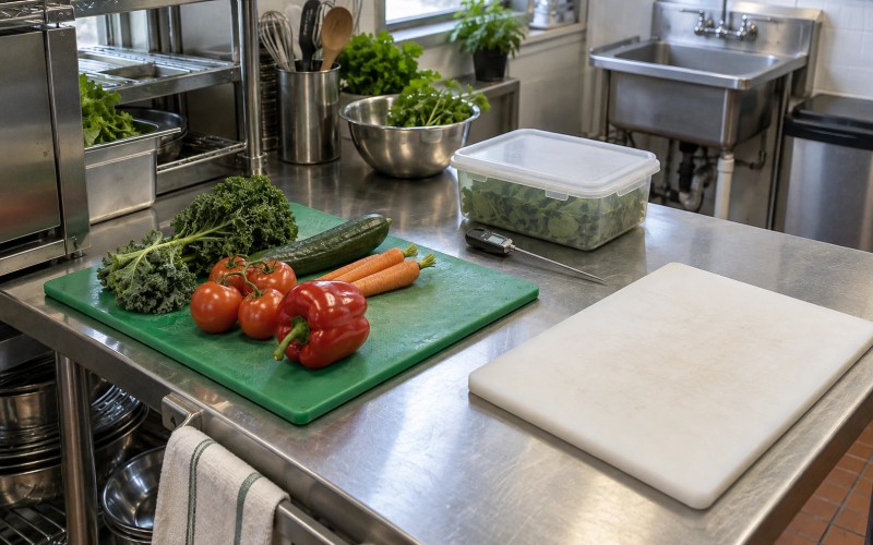 A cleaned commercial food preparation station with colour-coded boards and a probe thermometer