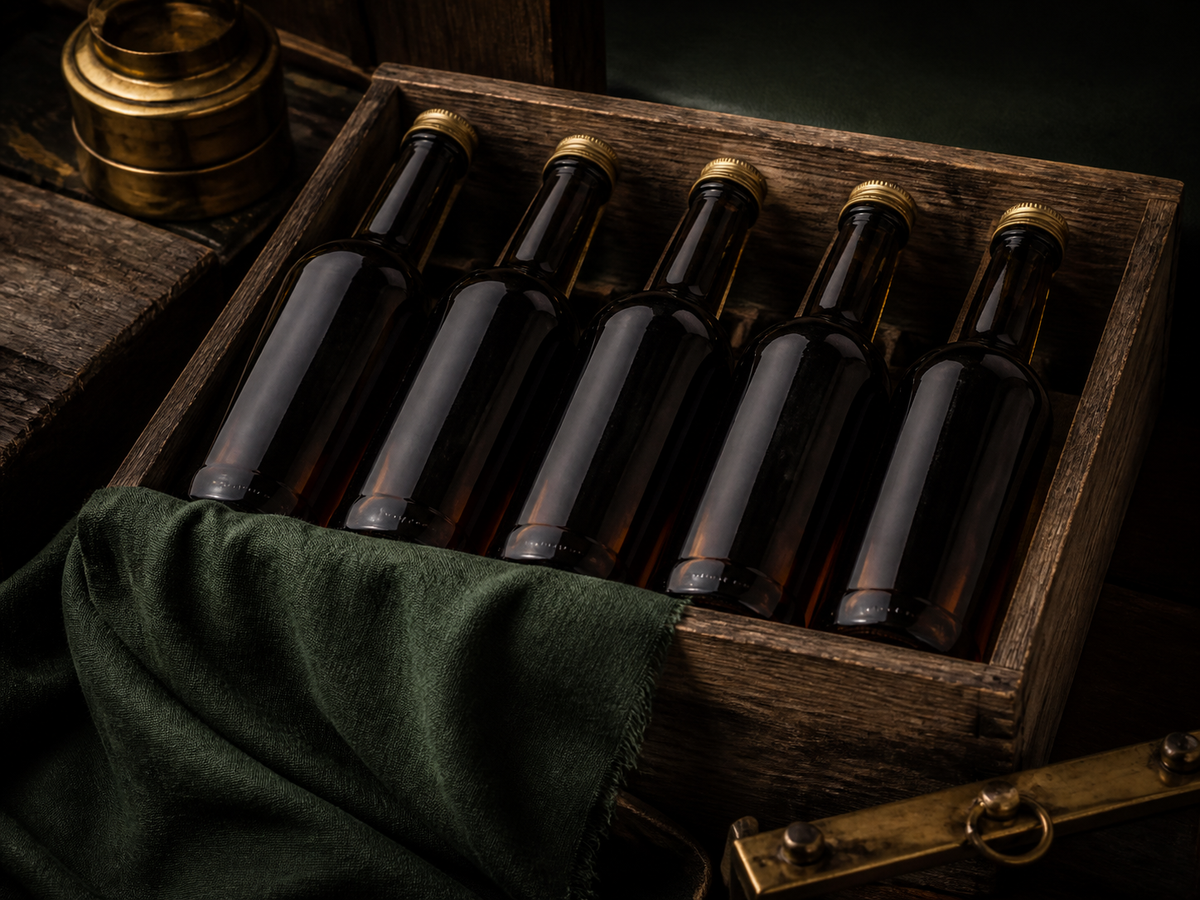 Bottles packed in a divided wooden wine case