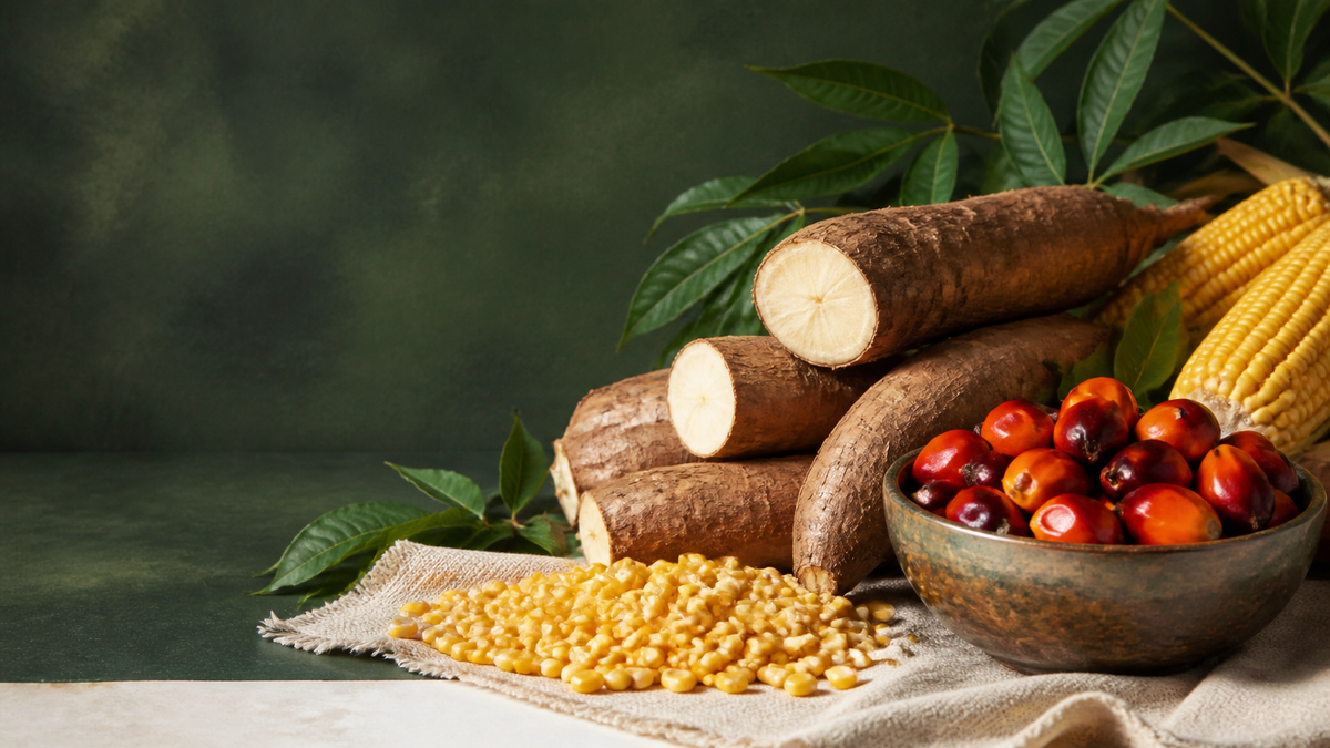 Cassava, corn and palm fruit on a preparation table