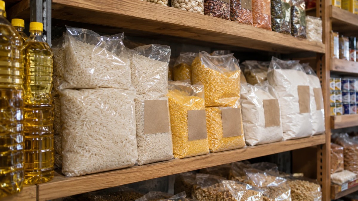 Dry-food packets and cooking oil on grocery shelves