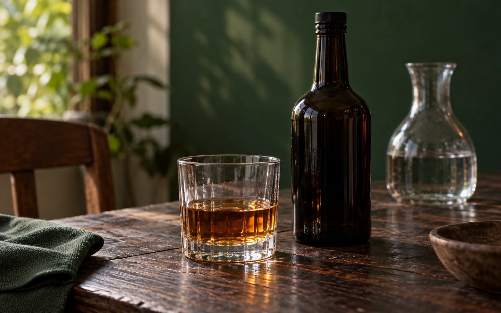 Amber spirit in a short glass beside an unlabelled dark bottle on a wooden tasting table