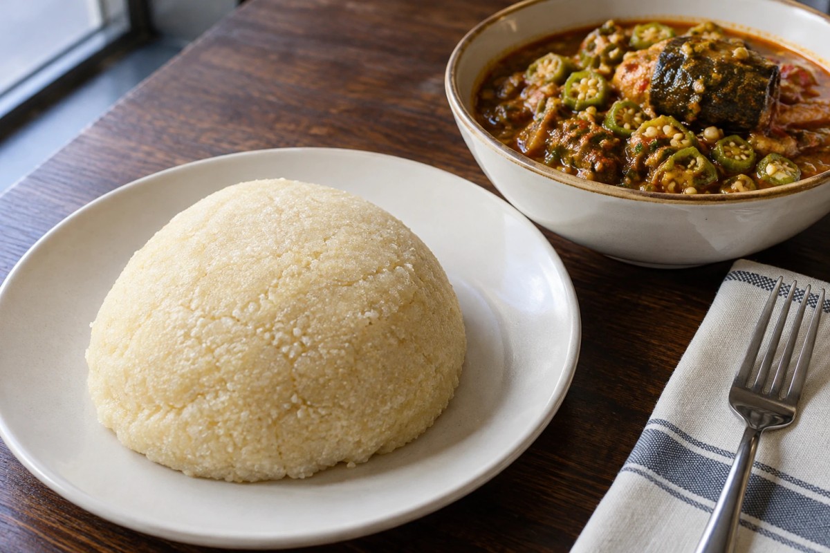 Eba made from gari, served with okra stew