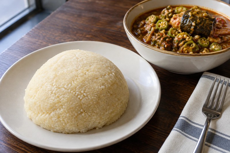 Gari served as eba with okra stew