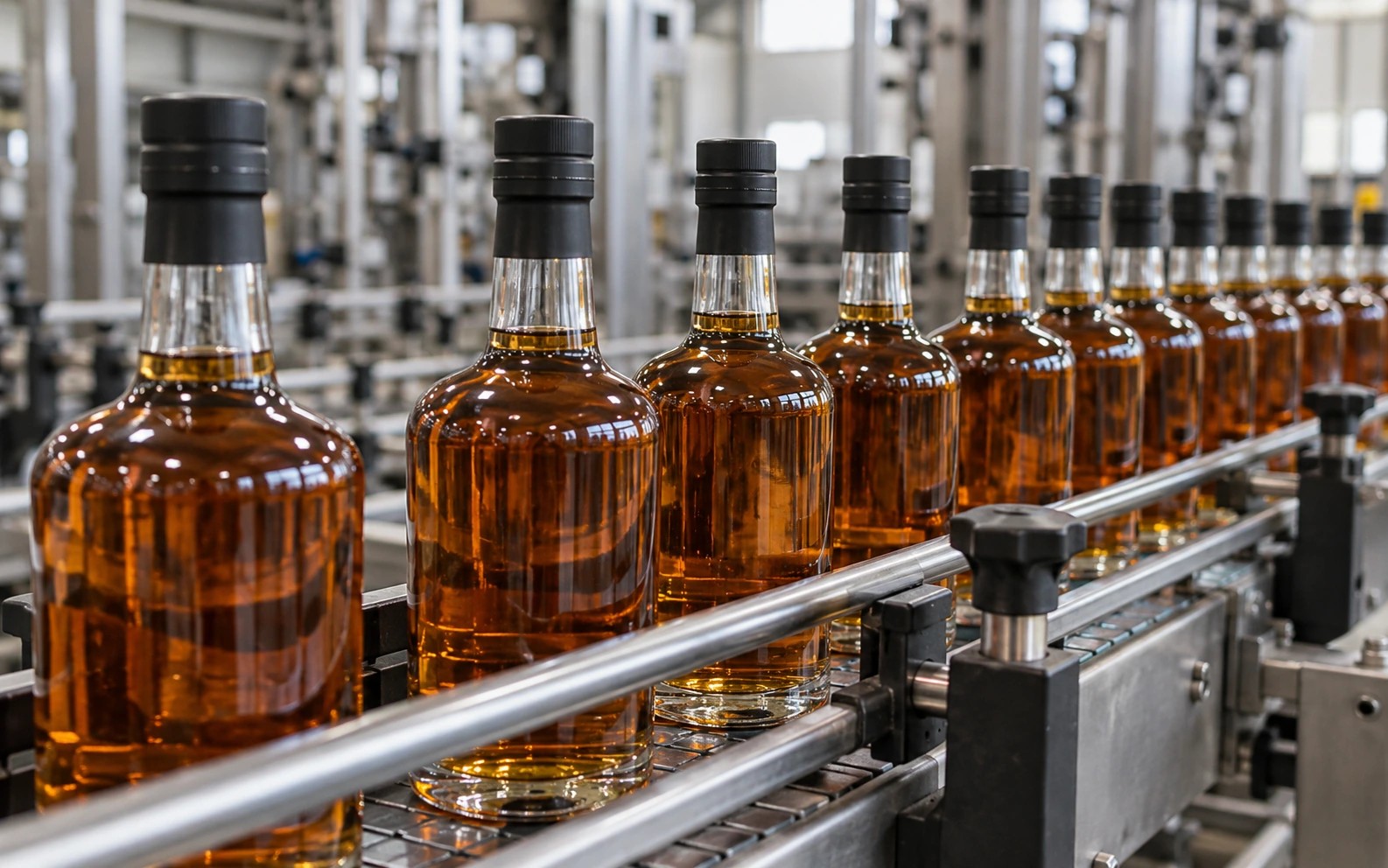 A bottling line with capped amber glass bottles awaiting packing