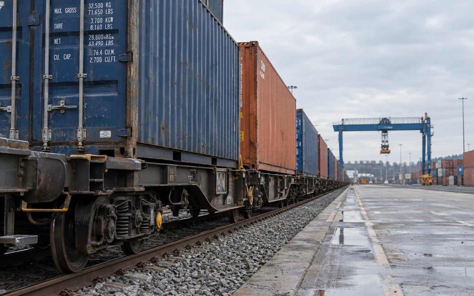 Freight containers moving through a British rail terminal