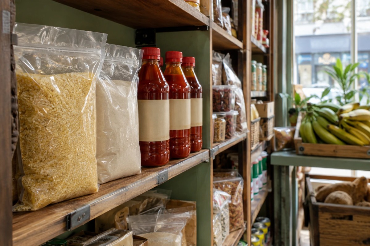 Gari and palm oil on a shop shelf