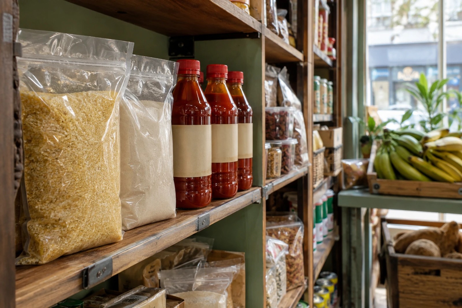 Gari and palm oil on a shop shelf