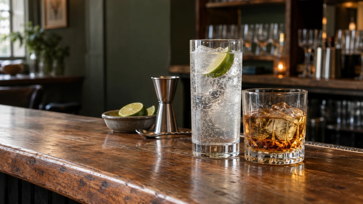 A lime drink and an amber spirit at a restaurant bar
