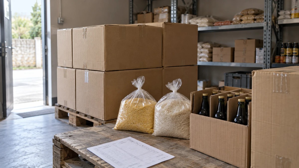Illustrative food and beverage cases in a modest stockroom