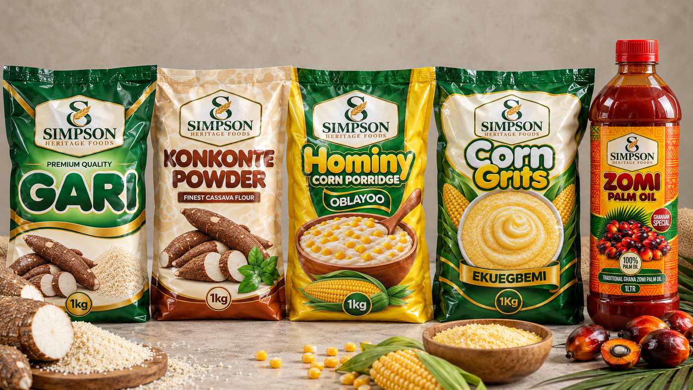Illustrative Heritage Foods packaging: gari, konkonte, hominy, corn grits and Zomi palm oil together with their ingredients