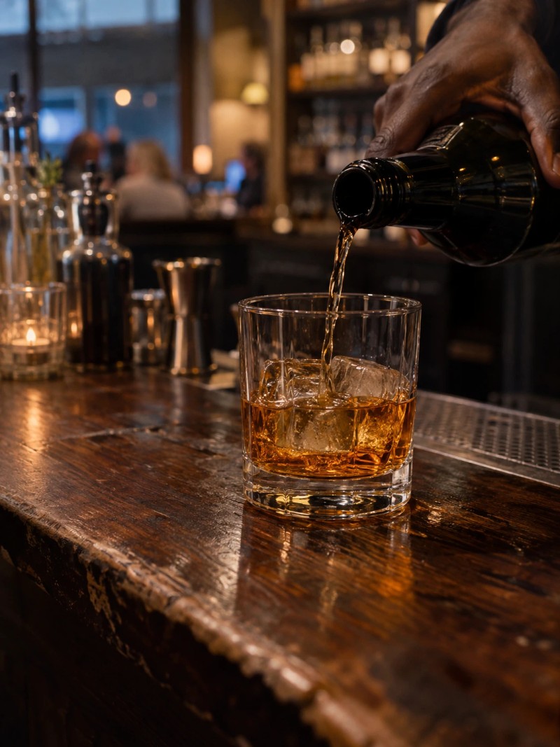An amber spirit being poured over ice
