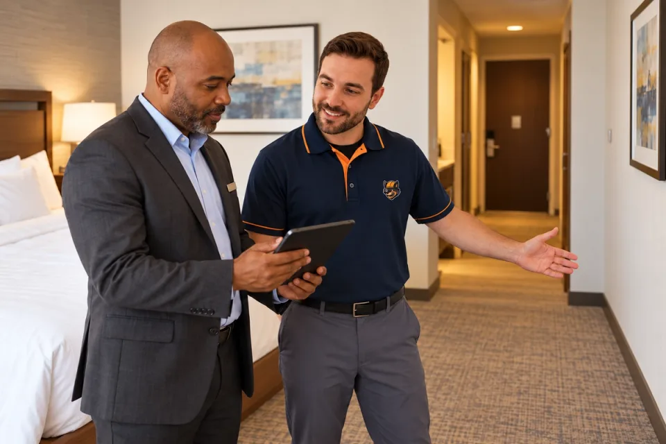 Houston hotel manager discussing a reported bed bug concern with a Top Bed Bug Pros technician; no treatment equipment in the conversation.