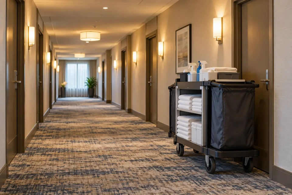 Illustrative hotel corridor with housekeeping cart