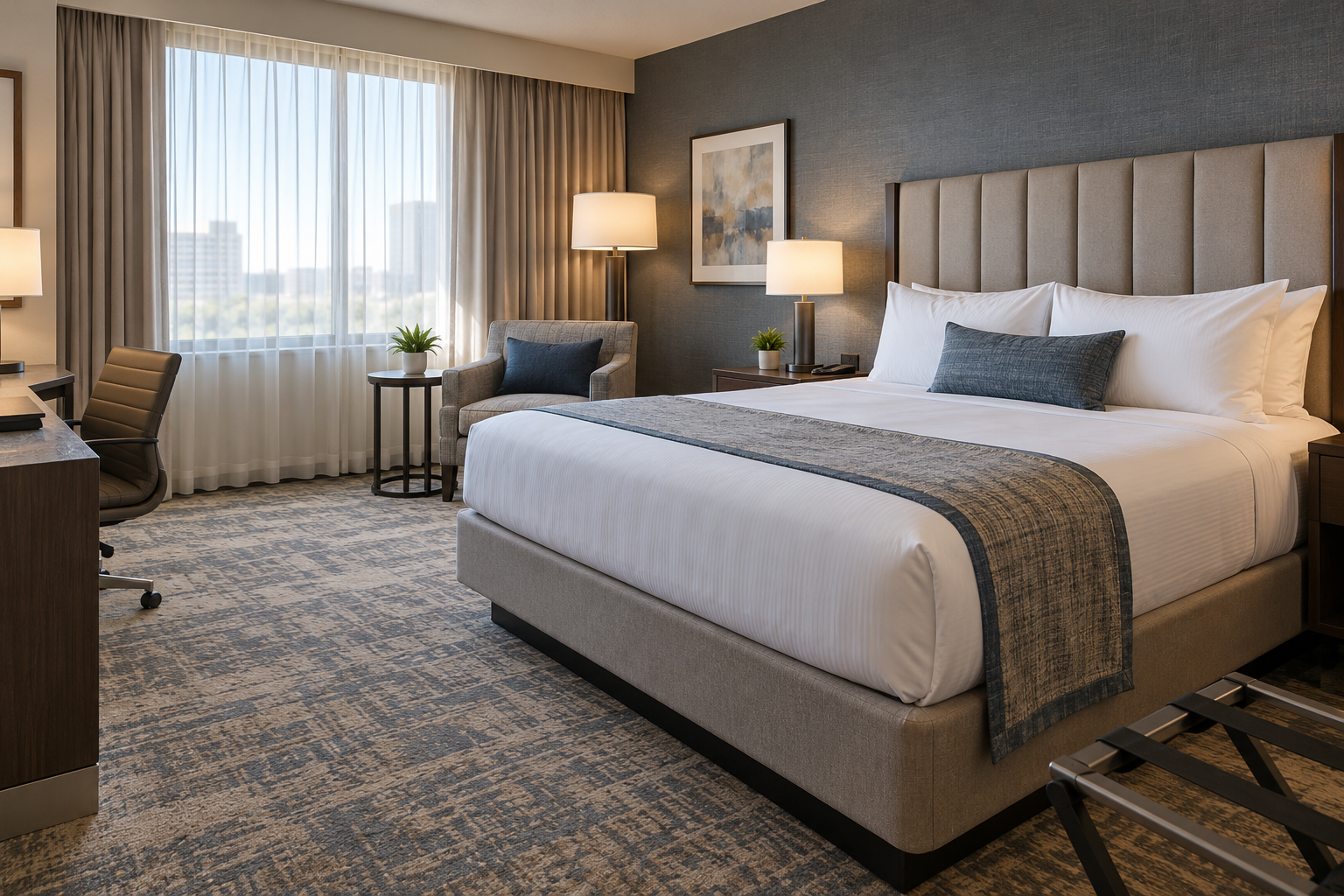 Unoccupied hotel guest room with bed and seating