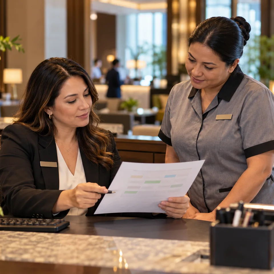 Hotel manager and housekeeping colleague reviewing a room-status handoff at the front desk