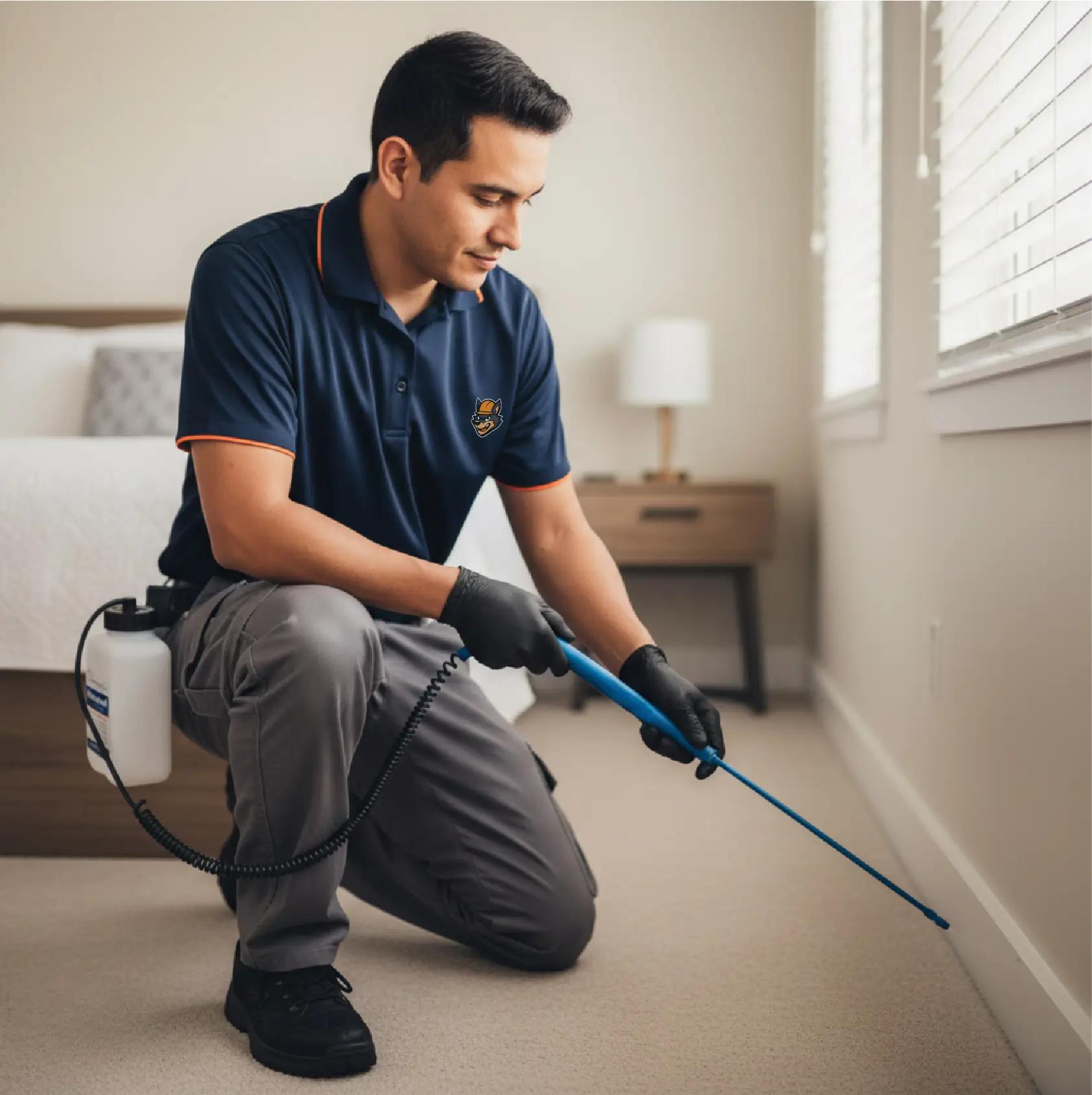 Applying Aprehend bio-pesticide along baseboards in a Chicago home for eco-friendly, long-lasting bed bug control.