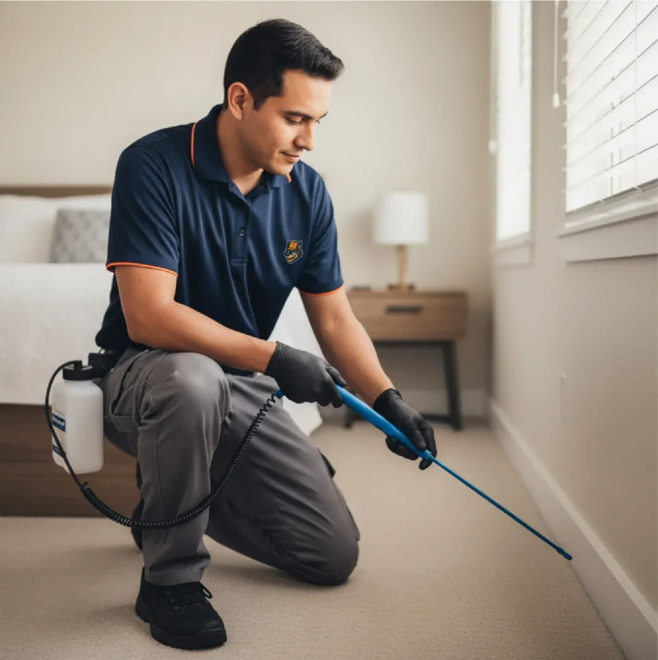 Technician applying Aprehend treatment in a bedroom