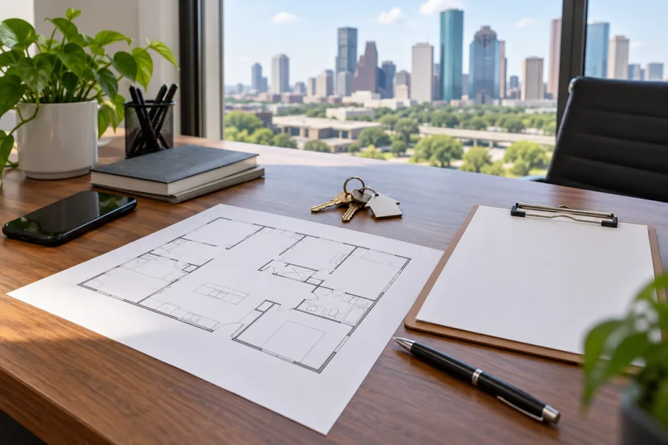 Illustrative property planning desk with floor plan and keys
