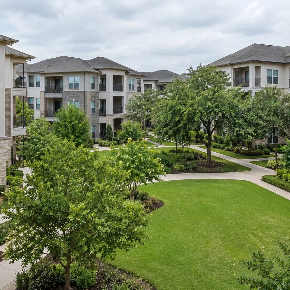 Several apartment buildings around a shared Houston community courtyard