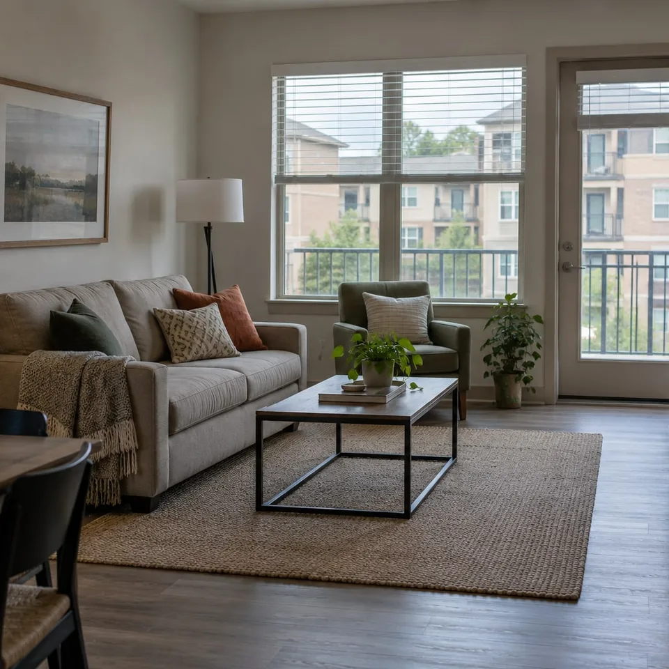Daylit living room inside a Houston rental apartment