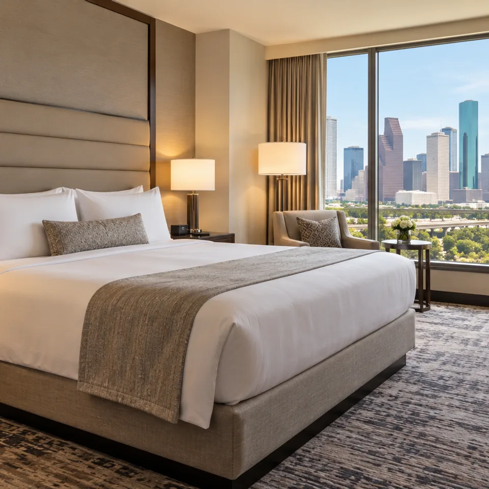 Upscale Houston hotel guest room with downtown skyline view