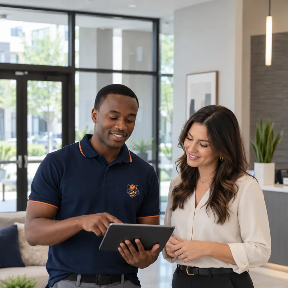 Top Bed Bug Pros technician and commercial property manager reviewing property details in an apartment community lobby.