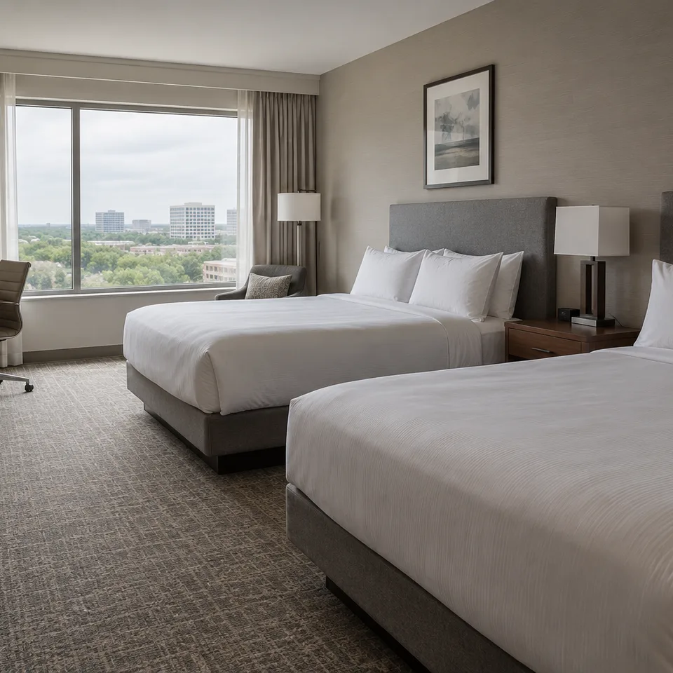 Different Houston hotel guest room with two queen beds, photographed from the doorway in soft daylight