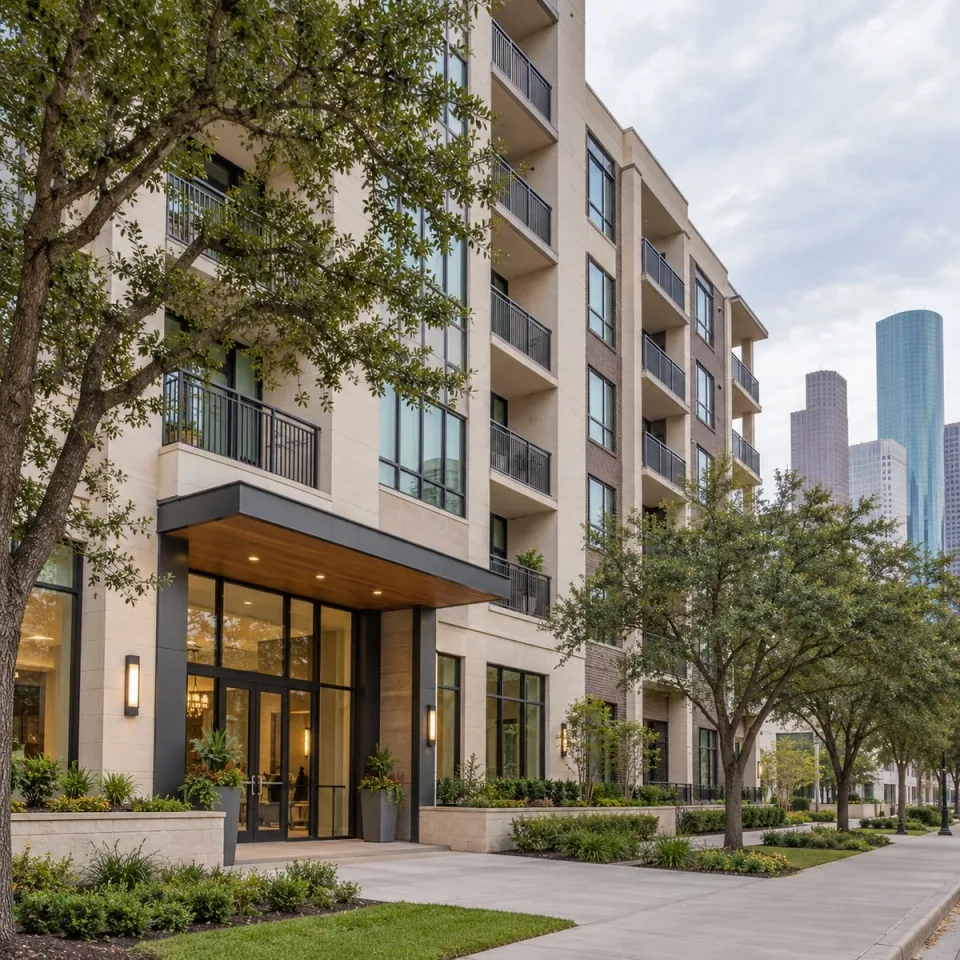 Mid-rise Houston apartment building with balconies and downtown buildings nearby