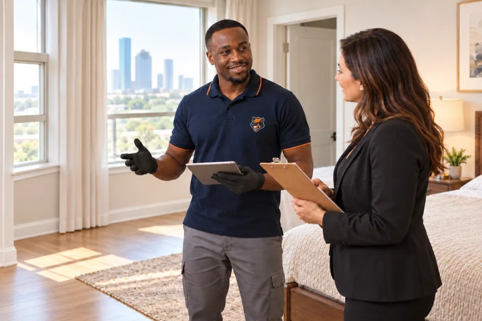 Houston apartment property manager discussing a reported bed bug concern with a Top Bed Bug Pros technician; no treatment equipment in the conversation.