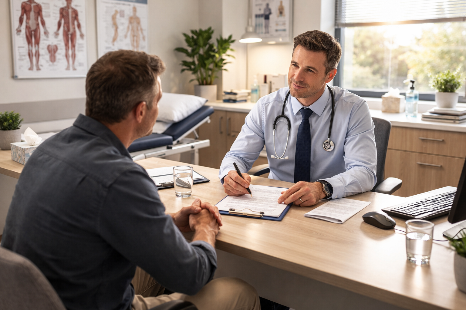 A male doctor consults with a male patient in a bright office.