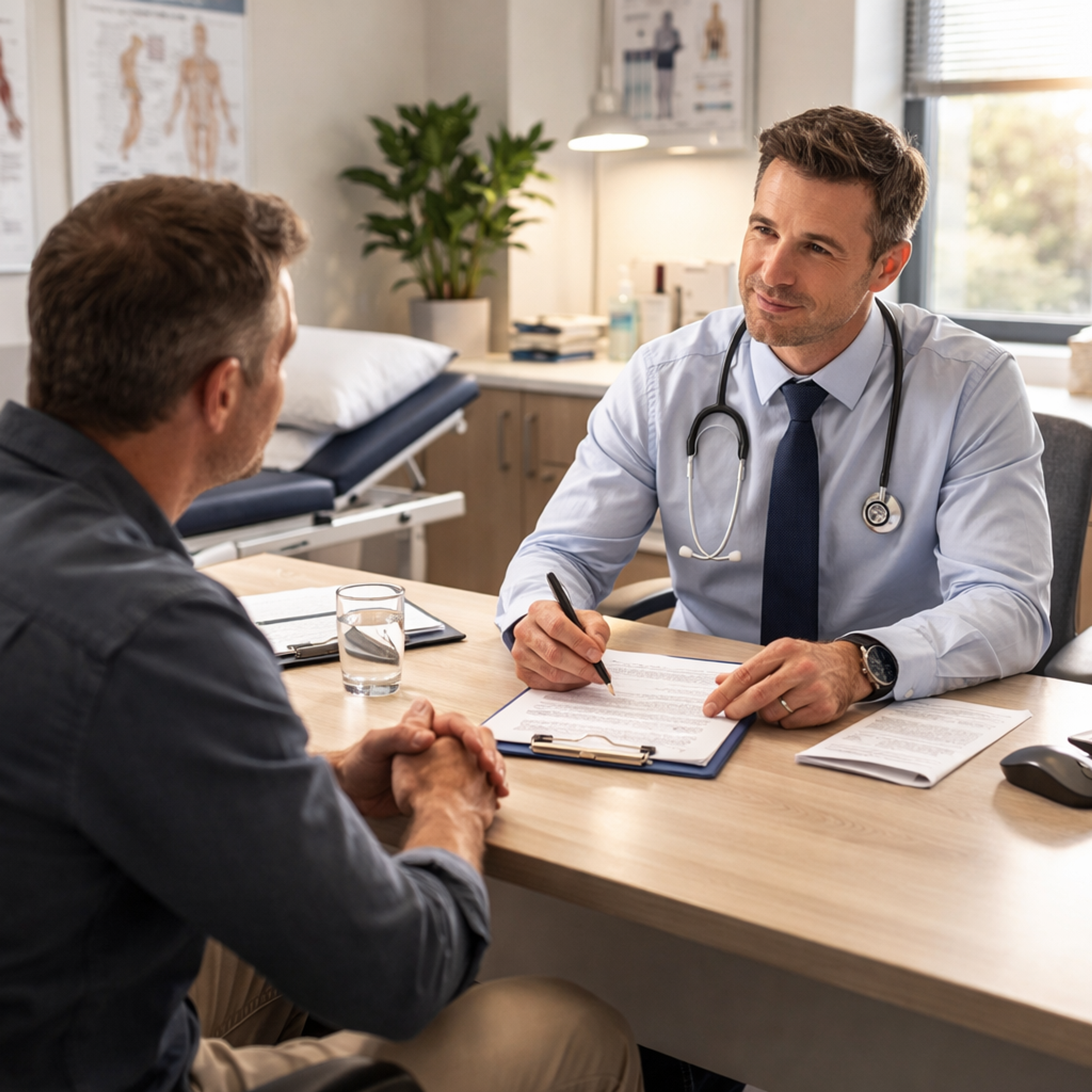 A male doctor consults with a male patient in a bright office.
