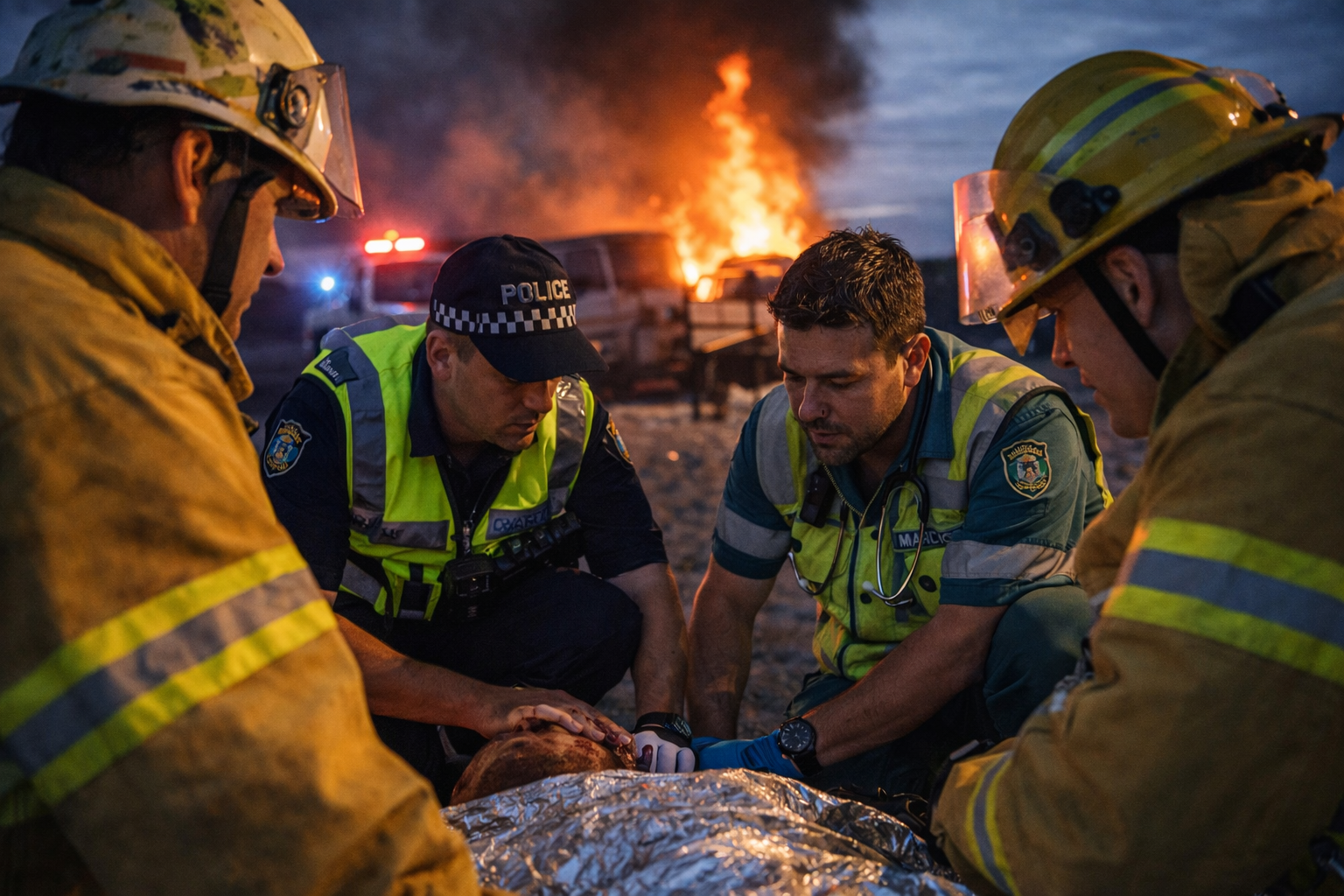 Emergency personnel tend to a person wrapped in a thermal blanket, with a burning vehicle in the background at night.
