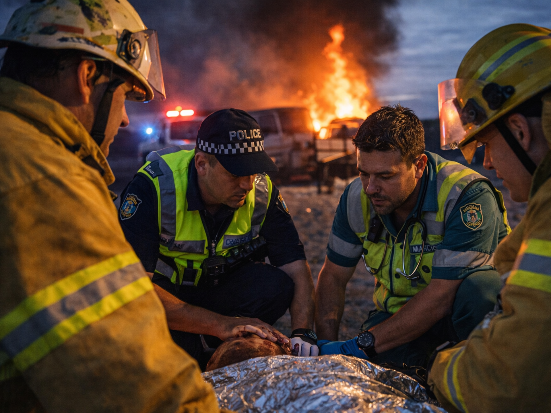 Emergency personnel tend to a person wrapped in a thermal blanket, with a burning vehicle in the background at night.