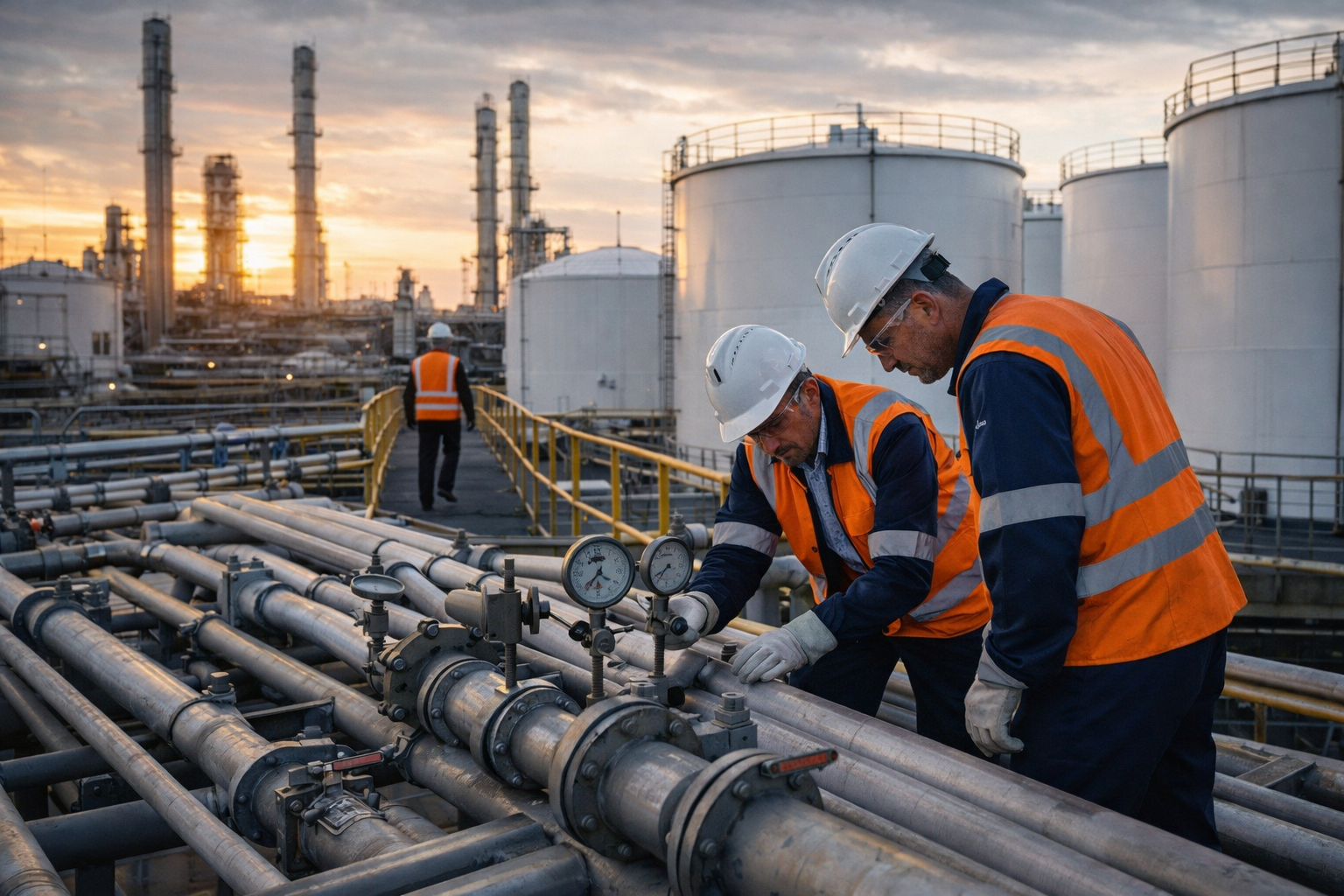 Workers in safety gear inspect a pipeline at an industrial plant with storage tanks and towers at sunset.