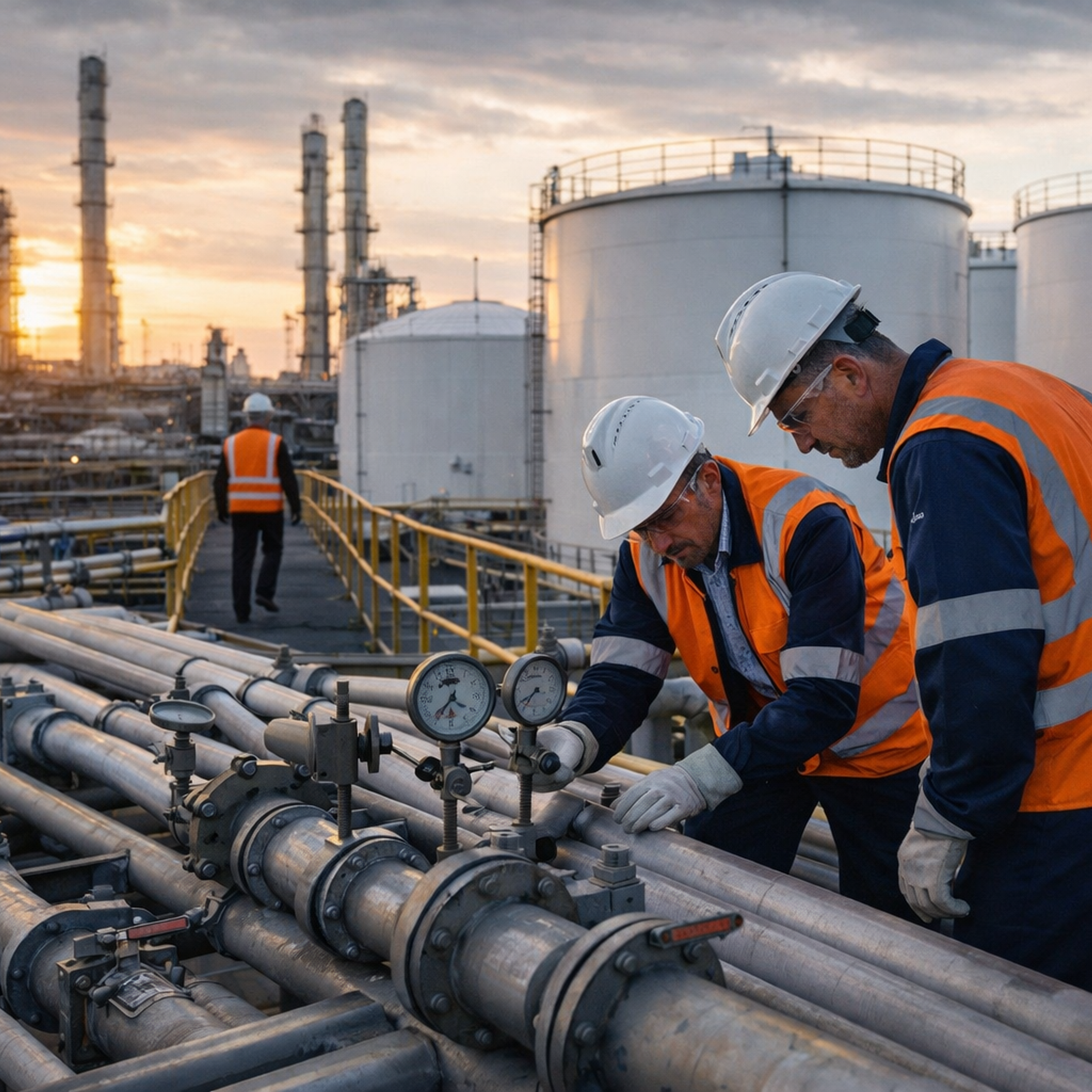 Workers in safety gear inspect a pipeline at an industrial plant with storage tanks and towers at sunset.
