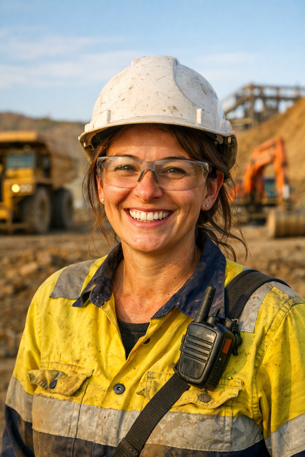 Smiling woman in a dirty hard hat, safety glasses, and high-vis shirt at a mine site.