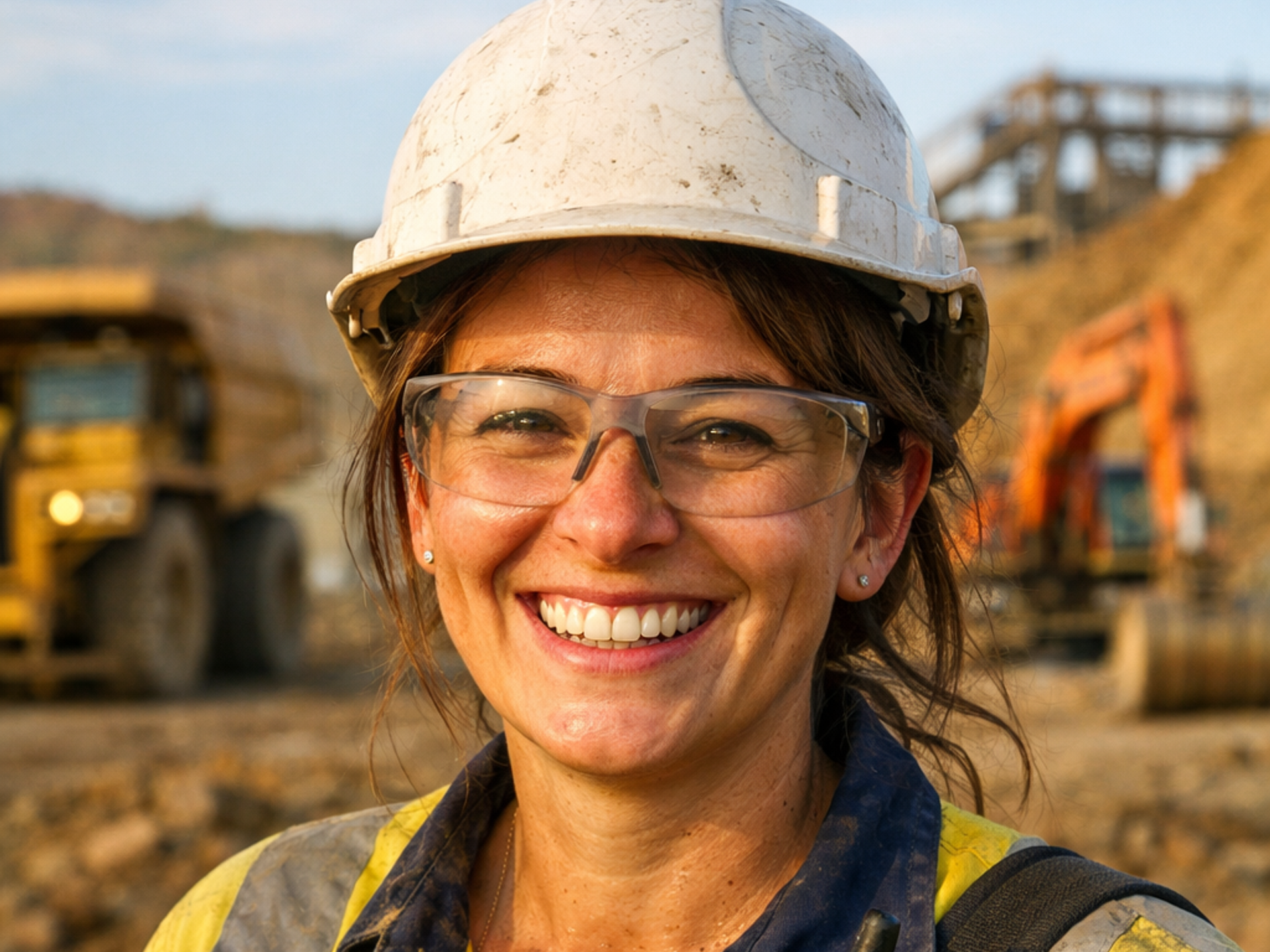 Smiling woman in a dirty hard hat, safety glasses, and high-vis shirt at a mine site.