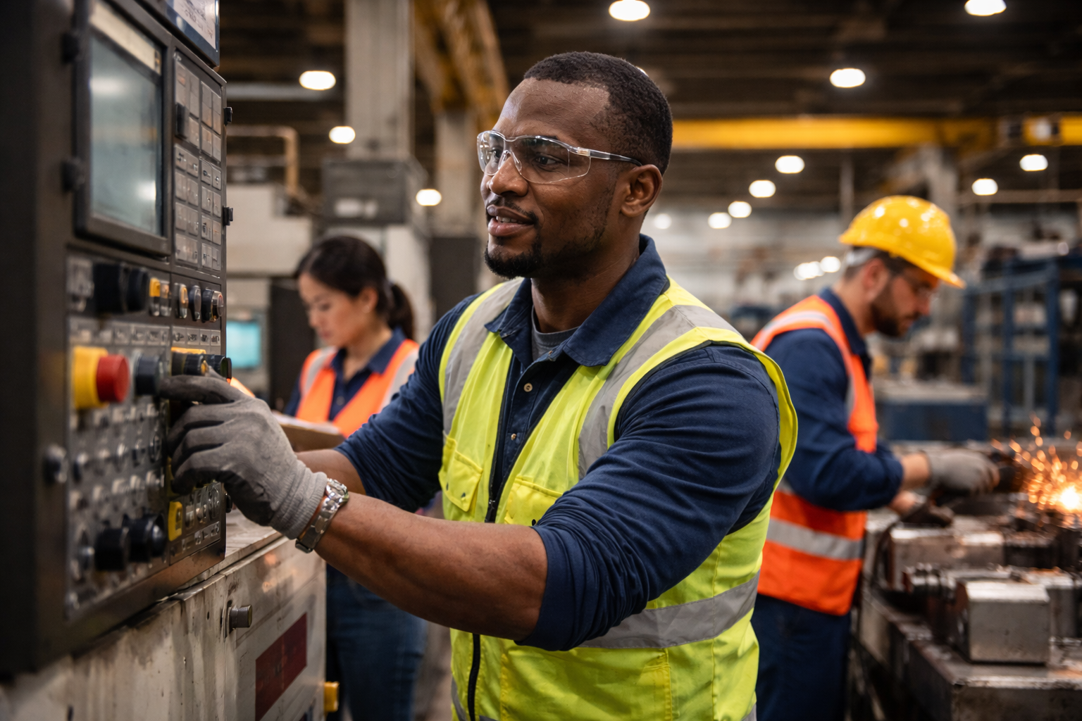 A Black man in safety glasses and a yellow vest operates a machine control panel in a factory, with other workers visible.